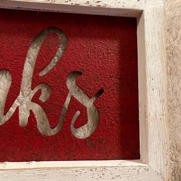Give Thanks Rustic Metal Cut Out Thanksgiving Sign with Wood Frame Primitive - Picture 5 of 8